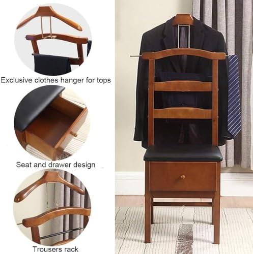 Chair Valet, Freestanding Suit Valet Stands for Women and Men with Drawer Trouser Bar and Tie Bar Wooden Chair Valet Stand Accessory Clothes Organizer