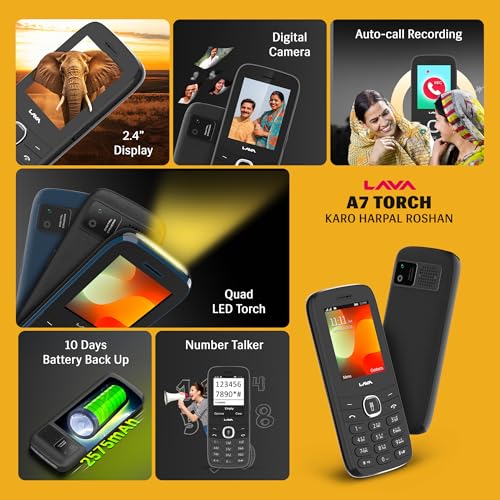 Image of Lava A7 Torch Dual Sim Keypad Mobile Phone (with Instant Slide Torch)| 2.4 inch Big Display | Powerful Battery Backup | Vibration Alert | Camera | Wireless FM & Bluetooth | Black