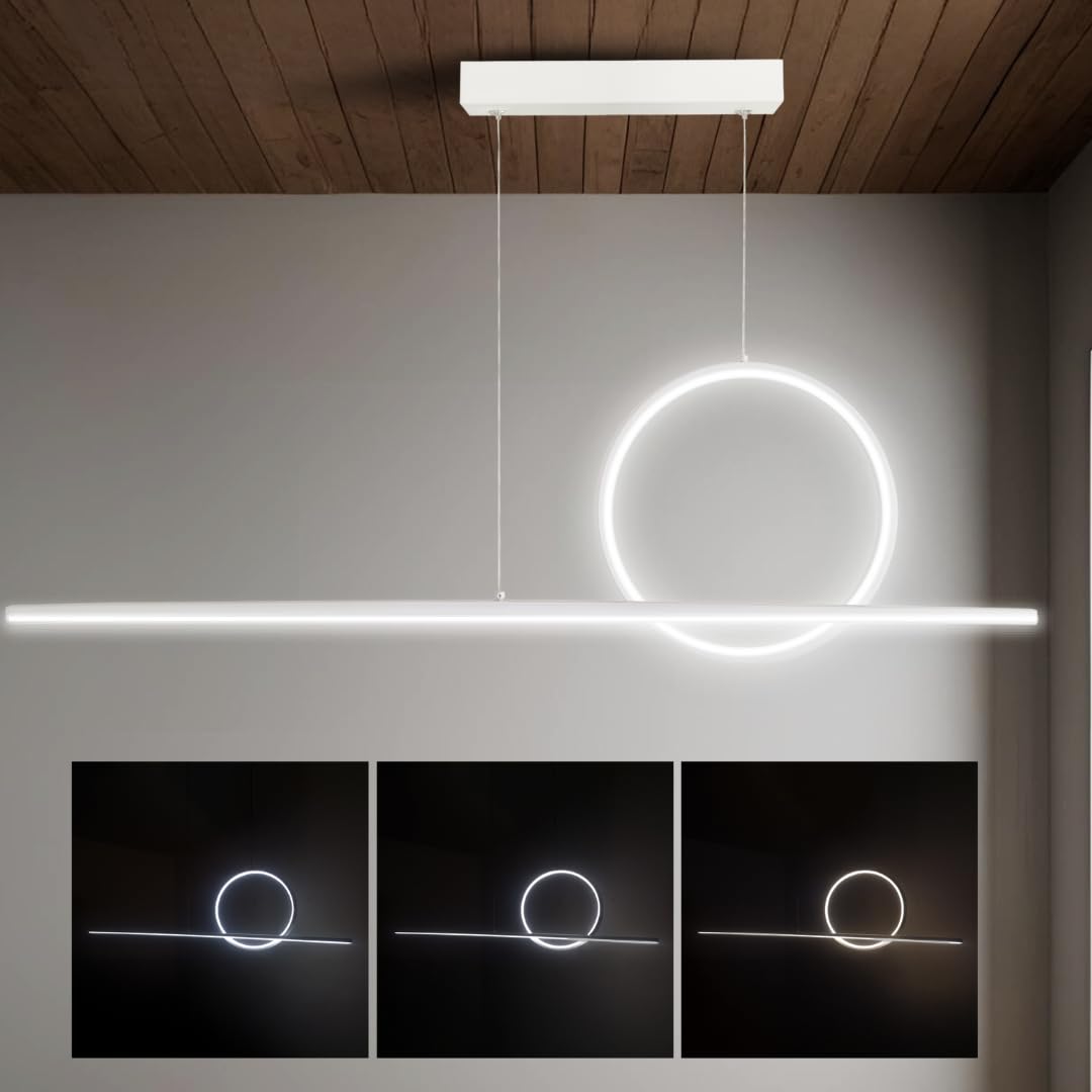 MAKA Lampadario a Sospensione LED Soggiorno, Lampada Cambio Temperatura Luce Calda-Naturale-Fredda, Design Forme Geometriche, 48 Watt 5280 Lumen, 220 Volt, Lampadario Camera da Letto (Cerchio)