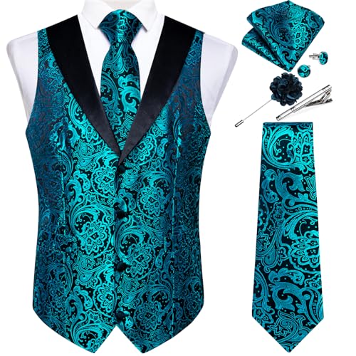 Image of DiBanGu Mens Paisley Suit Vest Silk Jacquard Waistcoat and Necktie Set Formal Shawl Collar Dress Vest 7PCS for Wedding Party