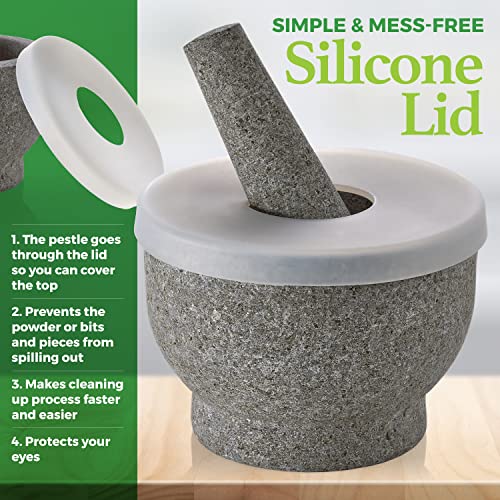 Image of Granite Pill Crusher Set - Easy Grip Non-Slip Stone Muddler & Deep Bowl with Silicone Lid - Mortar and Pestle Grinder for Pills, Tablets, Vitamins and More
