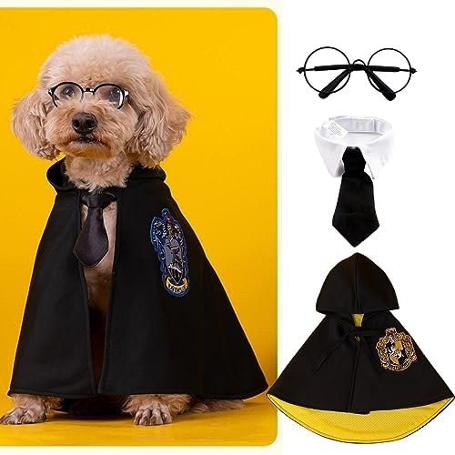Disfraz de Halloween para gatos, vestido de mago para perro, vestido de cosplay con capa de bruja, corbatín y gafas, ropa de fiesta para mascotas