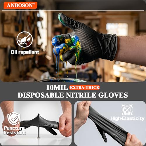 Image of 10 Mil Heavy Duty Mechanic Nitrile Gloves, Black Large 1000 Count | Diamond Grip, Latex Free Disposable Chemical Resistant Rubber Gloves for Industrial,Workshops, Auto Repair,Janitorial,Food