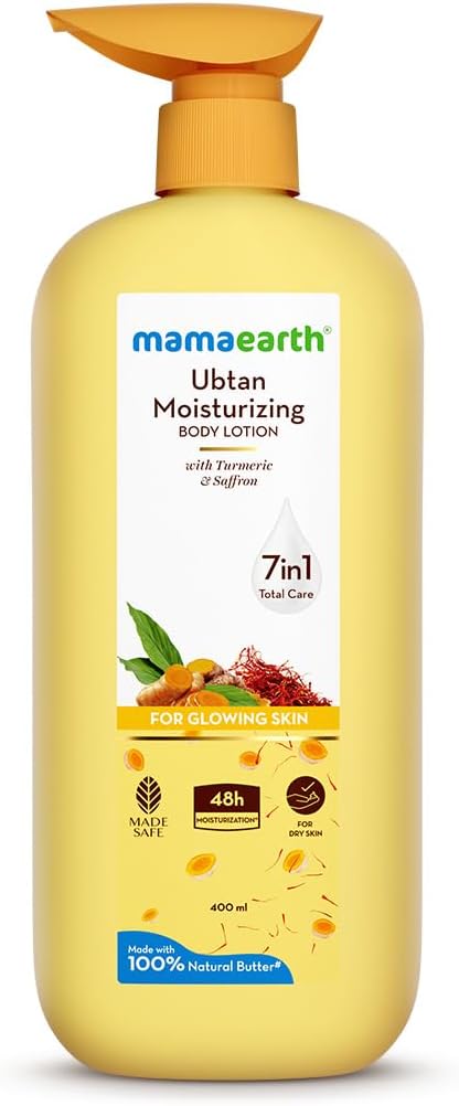 Mamaearth Ubtan Moisturizing Body Lotion with Turmeric & Saffron for Glowing Skin | 48 Hrs Moisturization | Nourishes Dry Skin | 7 in1 Total Care | 100% Natural Butter | Non-Greasy Smooth Skin | 400 ml