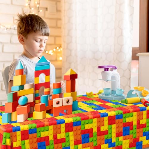 Image of 3pcs Building Block Tablecloths, Birthday Party Supplies Waterproof Plastic Colorful Blocks Bricks Table Cover for Building Block Party Decoration