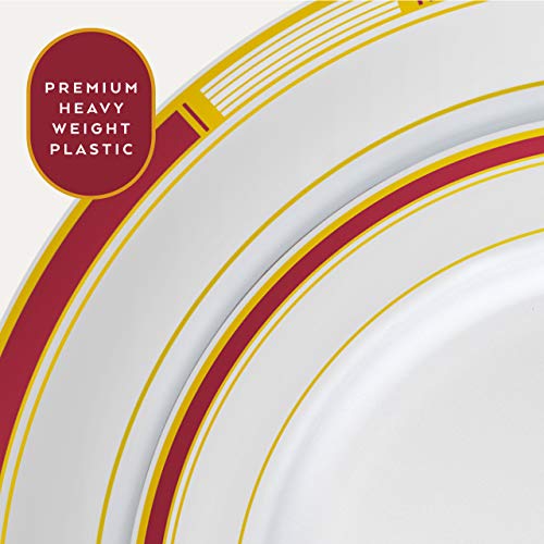 Laura Stein Designer Dinnerware Set | 32 Disposable Plastic Party Plates | Plates With Burgandy Rim & Gold Accents | Includes 16 X 10.75" Dinner Plates + 16 X 7.5” Salad Plates | Venetian #TOP3