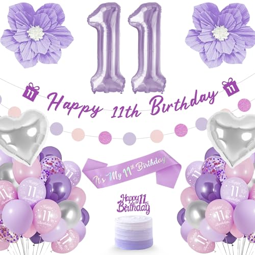 Ballon 11 Ans, Decoration Anniversaire 11 Ans, Décoration à Thème Violet y Compris Insert à Gâteau, Sangles, Fleurs Violettes, Anniversaire Ballon 11 Ans Fille