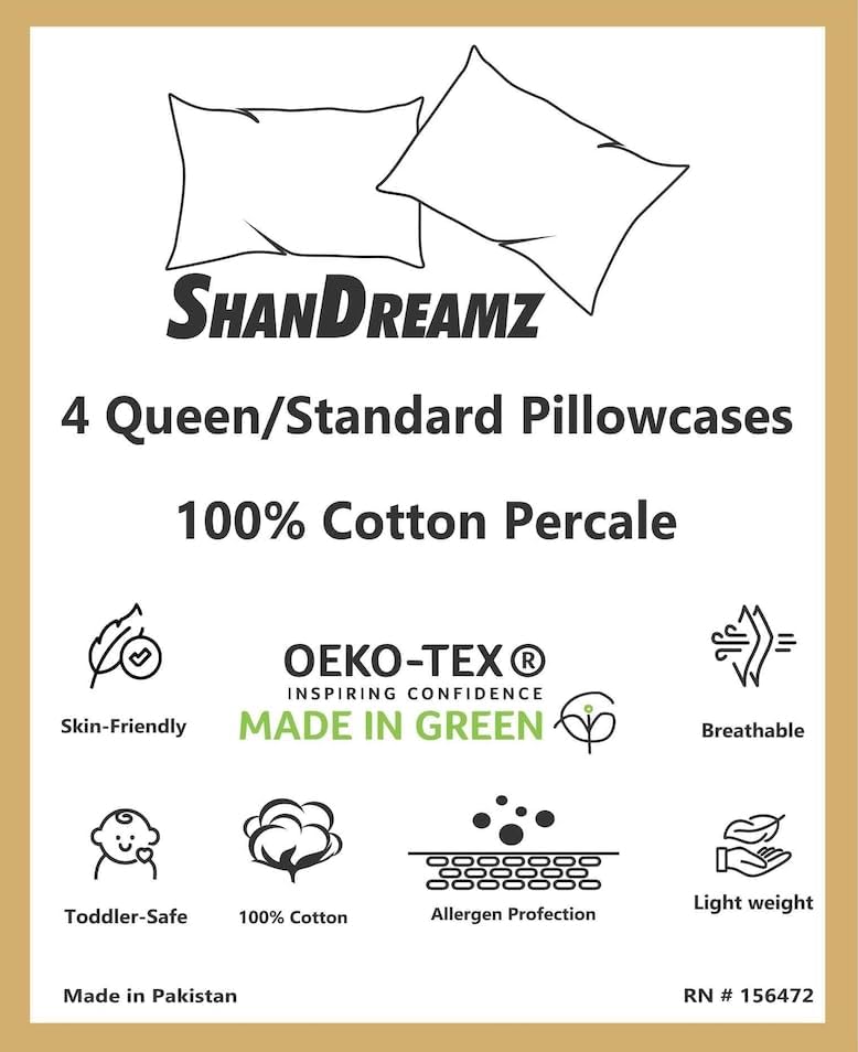 Miniatura 4 de Juego de 4 fundas de almohada 100 % percal de algodón, suaves y transpirables, tela ligera, tejido aireado suave, para ella o él (blanco con puño