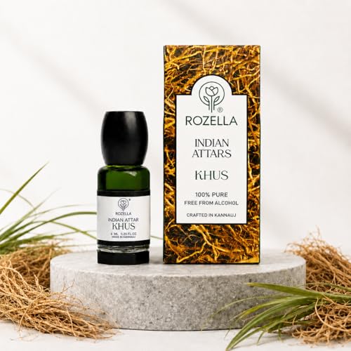 Image of ROZELLA Khus Authentic Attar for Men and Women | Cool Earthy Freshness Perfume Oil | Traditional Fragrance Blend | Non Alcoholic Long Lasting Aroma Attar Roll On | 3 ml
