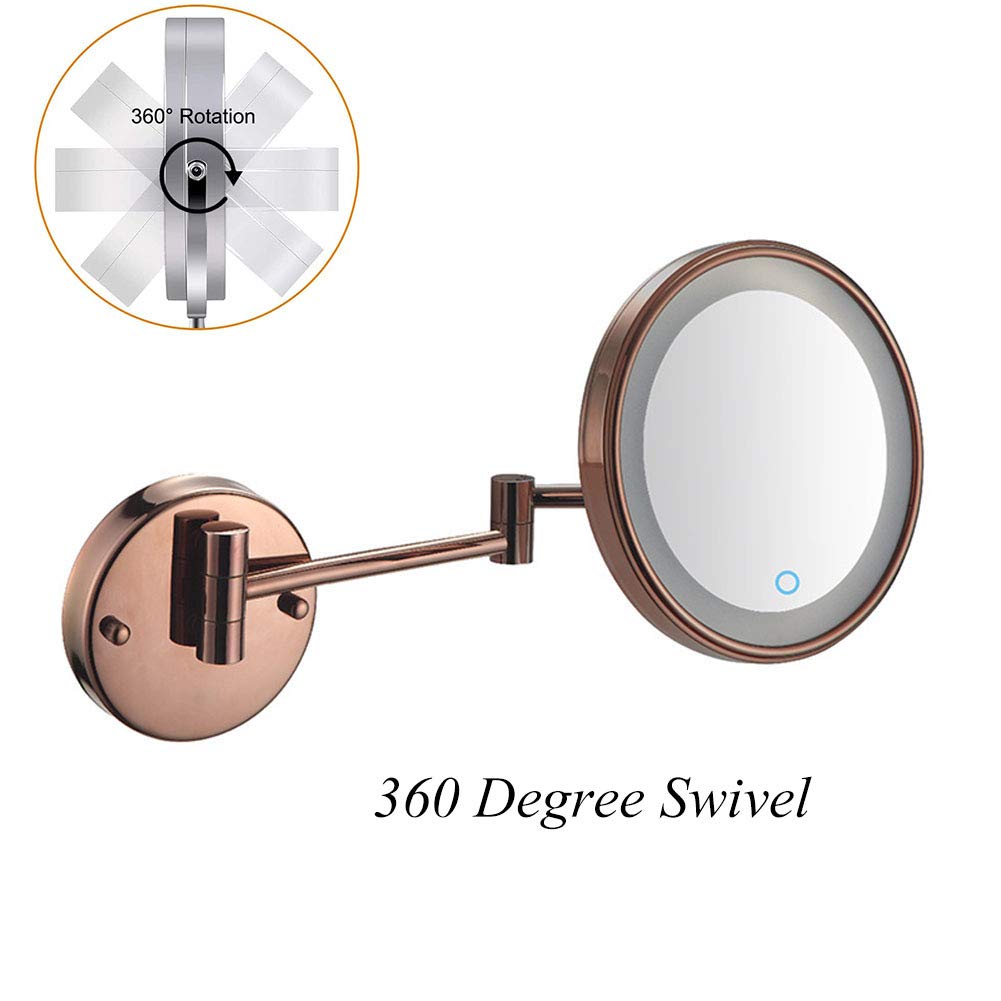 Espejo de maquillaje montado en la pared con Luces LDE, Espejo de baño de pared con lupa, pantalla táctil, giratorio de 360 grados, brazo extensible, Redondo, para baño (Oro Rosa 3X)