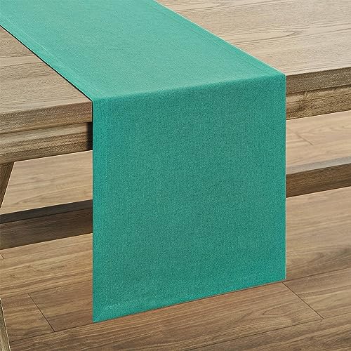 Image of ZeeMart Basic Linen Style Table Runner, 14 x 48 Inch Teal Chambray, Rustic Farmhouse Teal Table Runners 48 Inches Long, Everyday Polyester Table Runner - Machine Washable & Easy Care