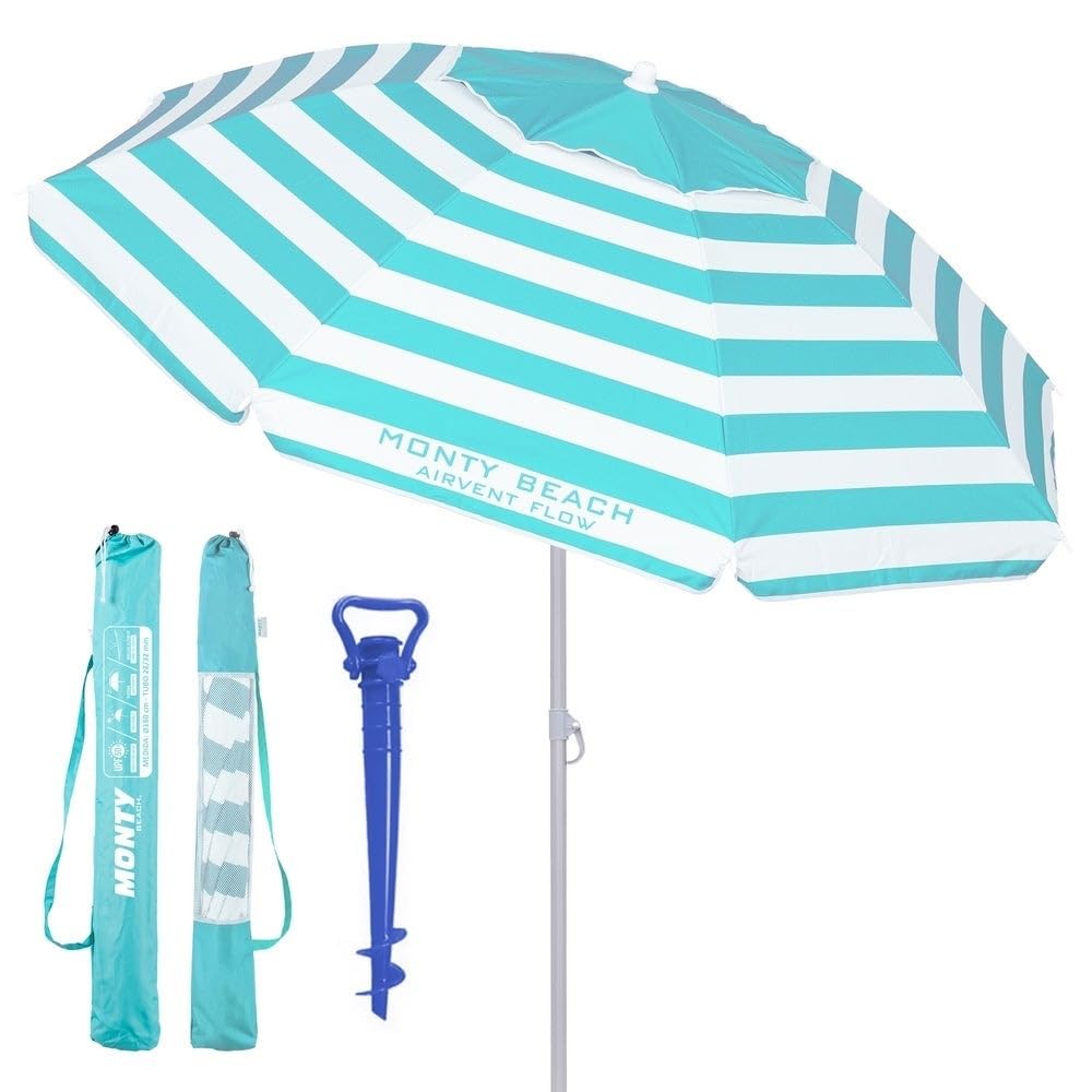 LOLAhome Sombrilla playa 240 cm y soporte arena, protección UV+50, sombrilla antiviento, varillas flexibles, techo ventilación, mástil inclinable y regulable altura, bolsa transporte
