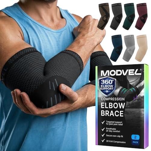 Modvel 2 Pack Elbow Brace for Tendonitis and Tennis Elbow Brace for Women and Men Elbow Compression Sleeve for Pain Relief and Recovery Elbow Sleeves Weightlifting Men Sports & Workout Arm Brace
