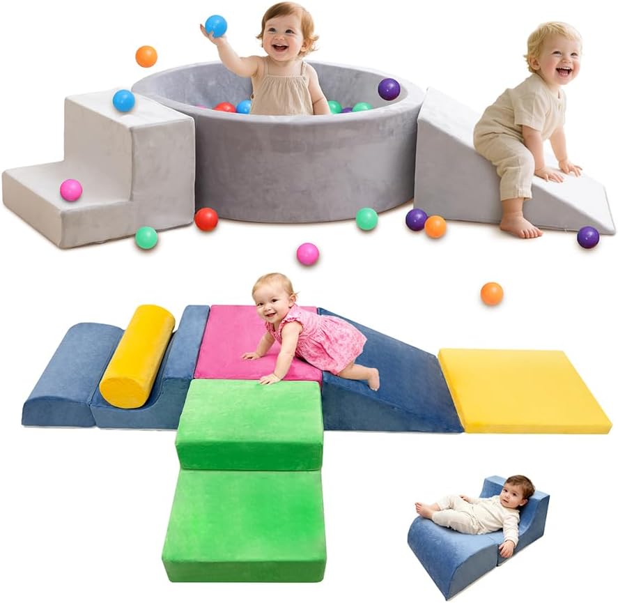 Toddler Climbing Toys Indoor, Baby Foam Climbing Blocks Set, Soft Play Climbing Toys for Toddlers 1-3, Indoor Climb Crawl & Slide Activity Play Gym for Kids (Grey, Bright Color)