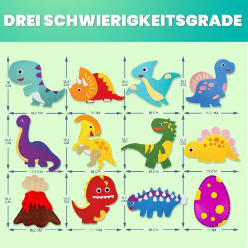 Quokka Bastelset Kinder ab 6-8 Jahre - DIY-Set mit Nadel und Faden für Anfänger - 12 Dinosaurier Nähsets Basic - Filztiere Nähen ab 7-10 Jahre Mädchen und Junge – Bild 3