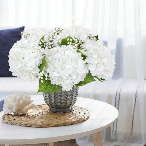 Image of Bassion 4 Pcs 21 inch White Hydrangea Artificial Flowers for Decorations