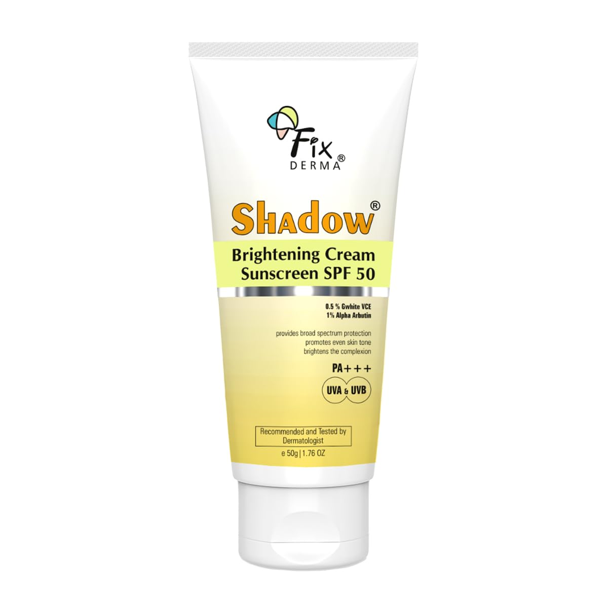 Fixderma Shadow Brightening Sunscreen SPF50 PA+++ with 1% Alpha Arbutin | UVA/UVB, Broad Spectrum Protection | Reduce Tan & Brightens the Complexion | Lightweight, No White Cast, All Skin Type - 50GM