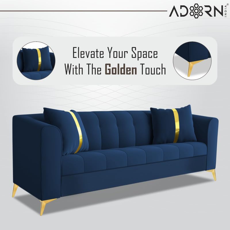 Image of Adorn India Premium Mystic - 3 Years Warranty - 3 Seater Sofa Velvet Suede Fabric - Blue