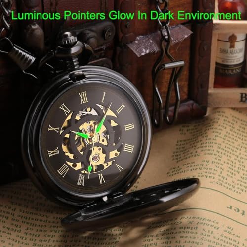 Image of SIBOSUN Mechanical Pocket Watches Mens Lucky Phoenix and Dragon Skeleton Pocket Watch Black Antique Roman Numerals Box