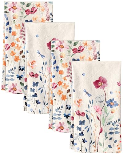 Image of Miss Adola 4PCS Flour Sack Towels - 18 inchx 26 inch Floursack Dish Towels with Hanging Loop Set of 4 Cotton Tea Towel Absorbent Retro Decorative Dishcloth for Drying Home Decor Housewarming Gift, Wild Flower