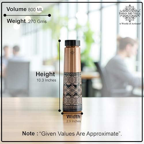 Image of INDIAN ART VILLA Pure Copper Antique Dark Embossed Design Bottle, 800 ML Capacity, Ayurvedic Health Benefits, Stylish Traditional Drinkware for Home, Office, Gym, Travel & Gifting