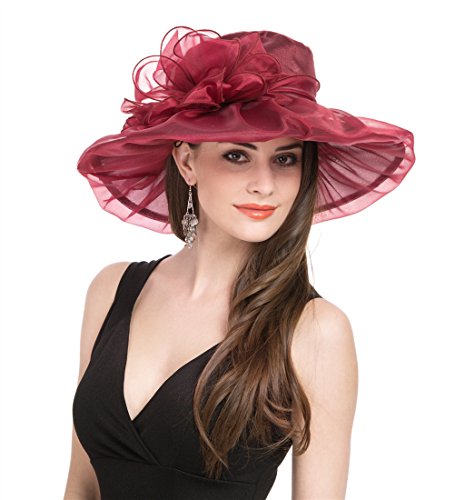 Women's Organza Church Kentucky Derby British Fascinator Bridal Tea Party Wedding Hat Summer Ruffles Cap, Hjh-burgundy Bowknot, Medium - Thumbnail 3