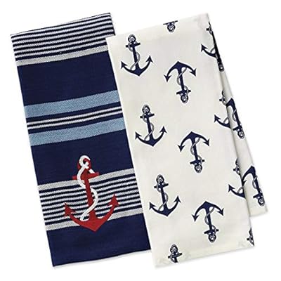 3 Nautical Anchor Themed Decorative Cotton Kitchen Towels with Navy, Red, White, Blue Print | 1 Embroidered and 2…