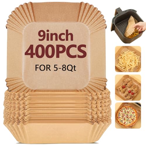 Image of 9 Inch Air Fryer Liners Disposable-400PCS Square Parchment Paper Liners,Heat Resistant & Non-Stick,Unbleached Liners for Air Fryer,Oven,Roasting,Baking,Microwave(Bottom is 8 Inch)