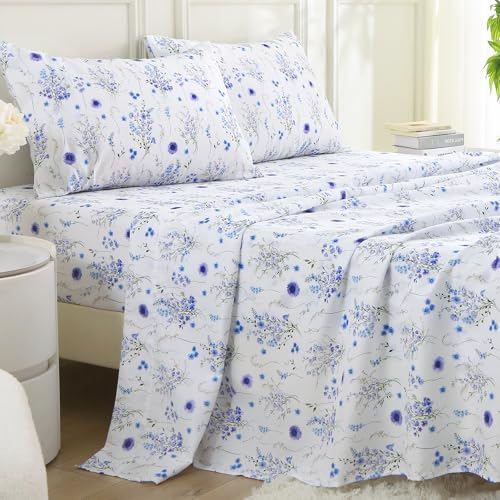 Image of MUXHOMO Full Size 4 Piece Sheet Set, Soft & Breathable Sheet Set for Bedroom with Deep Pocket Up to 16 inch, Wrinkle-Free & Cooling Bed Sheet with Flat Sheet, Fitted Sheet & Pillowcases - Indigo Mystical