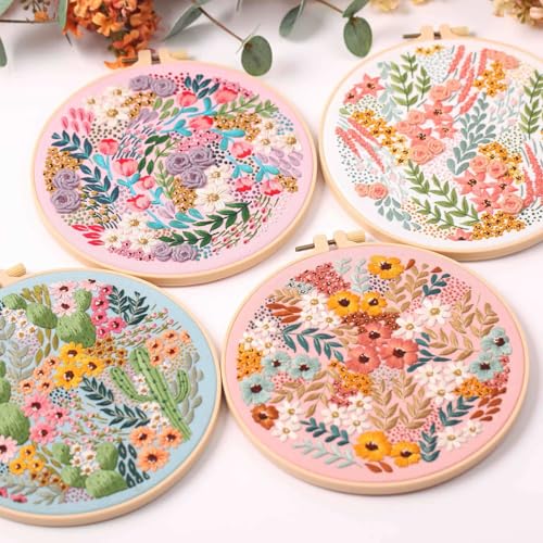ASTNIC 4 Sets Embroidery Kit, Embroidery Kits for Adults Cross Stitch Kits with Hoop, Embroidery Needles, Threads - Image 4