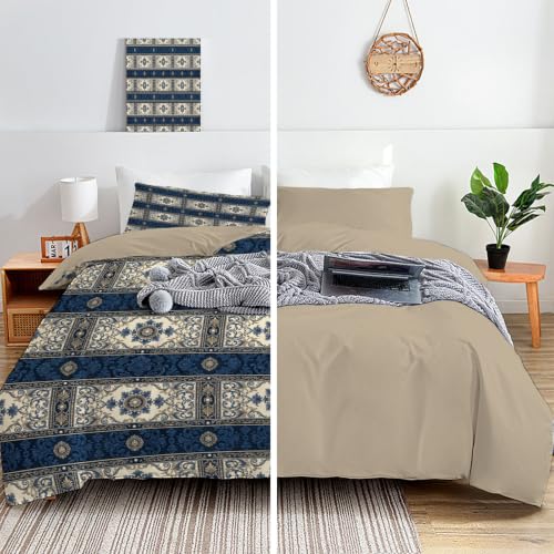 Housse de couette 200x200 bleu marine avec ses 2 taies d'oreiller géométriques