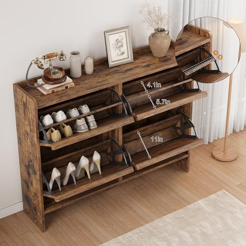 GarveeHome Shoe Cabinet with 4 Flip Drawers, Wooden Shoe Organizer Cabinet with Adjustable Shelf, Shoe Storage for Entryway, Hidden Shoe Cabinet for Hallway, Living Room, Rustic Brown