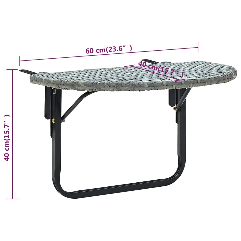 vidaXL Stolik balkonowy, szary, 60x60x40 cm, rattan PE