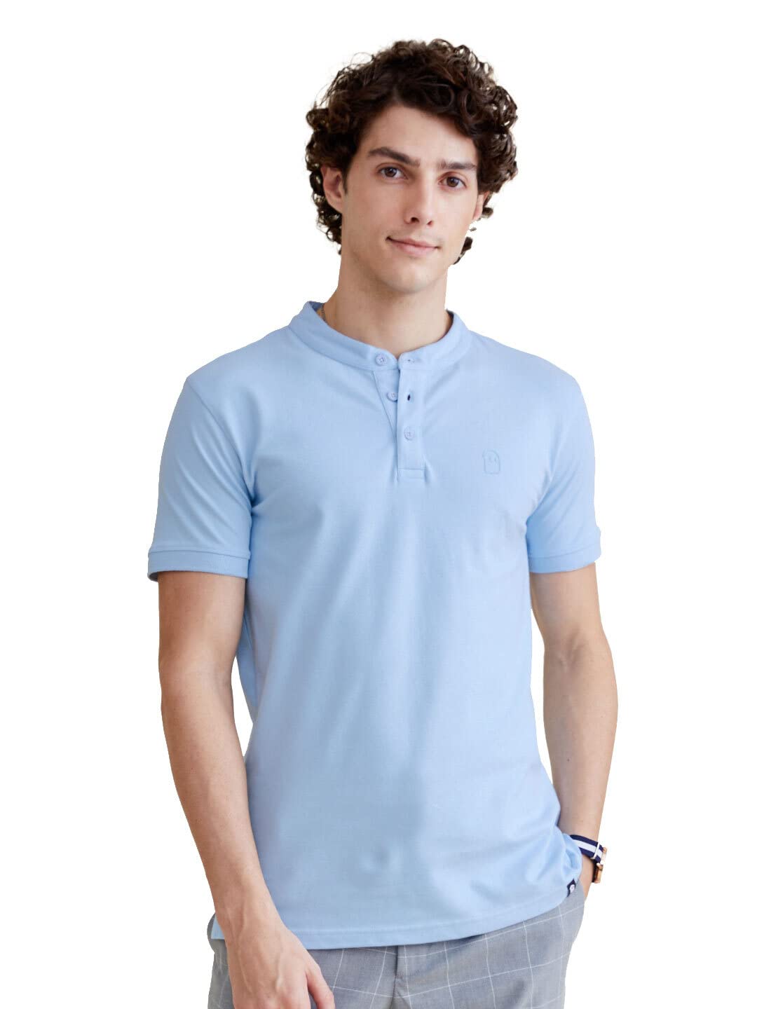|Solids Mandarin Polo: Powder Blue Mens and Boys Polos|Half Sleeve|Regular fit Solid| 96% Cotton  4 % Spandex Blue Color Mandarin Polos