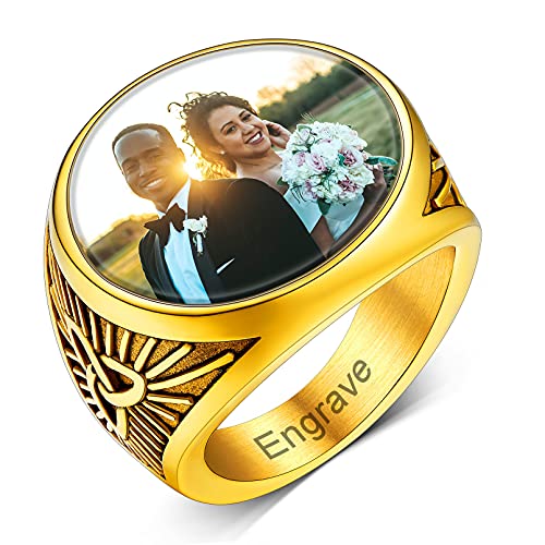 Custom4U Personalized Rings with Pictures Inside Custom Photo Ring Name Engraving Stainless Steel Signet Ring/Heart Ring Size 7-14 Customized Memorial Jewelry for Men Women (Gift Box) I-Roun
