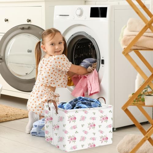 Image of Rectangular Rose Pink Flower Basket for Girls,Waterproof collapsible laundry basket for girls,Kids Storage Baskets,Books Box,Gift Baskets,Baby Room Decor(Pink Flowers)