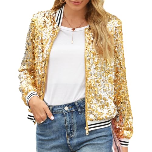 Women Sequin Jacket Long Sleeve Front Zipper Ribbed Blazer Bomber Jacket