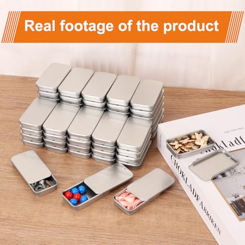 Image of Biugaaufai 60 Pack Silver Mini Rectangular Metal Tins Boxes with Sliding lids, Small Empty Slide Top Metal Tin, Lip Balm Slide Tins with Lid for Crafts, Jewelry, Candies (2.36 x 1.34 x 0.43 Inch)