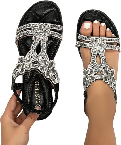 Women Rhinestone Sandals T-Strap Elastic Strap Beaded Sparkly Bling Bohemian Crystal Flat Sandal Thong Ankle Strap Summer Gladiator Sandal A-Black,7.54