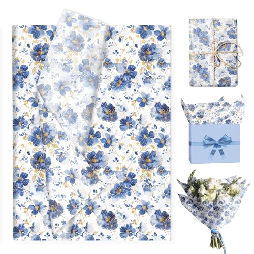 ブルーフラワー薄葉紙 100枚、柄入りギフトキャンディ包装紙、手作りアート誕生日・結婚式引き出物包装紙、サイズ：13.8 x 19.7インチ