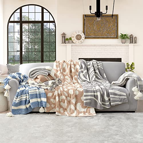 Snuggle Sac Tan Stripe Throw Blanket For Couch, Reversible Throw Blanket Warm Cozy Knit Fuzzy Plush Lightweight For Sofa, Bed, Camping, Picnic, 50 X 60 Inch #TOP7