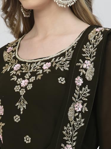 Image of Women's Embroidered Maxi Fit Flared Ethnic Sharee Dress Gown. Bottle Green