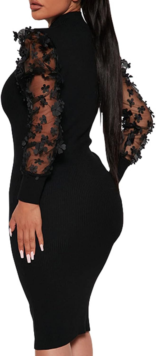 Annystore Women's Elegant Mock Neck Sheer Long Sleeve Mesh Bodycon Dress Ribbed Club Party Pencil Midi Dresses Clubwear - Image 3