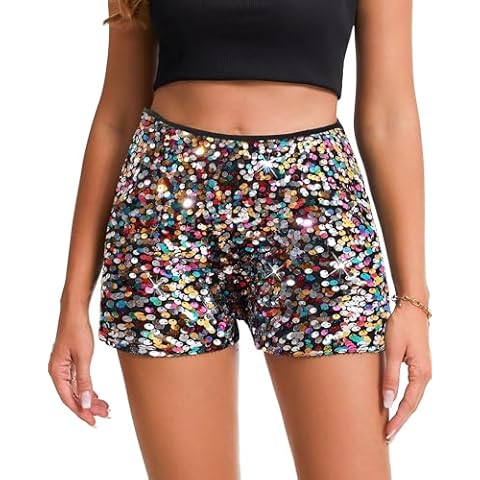 Womens Sequins Shorts A Line High Waist Elastic Sparkly Night-Out Shorts Clubwear Party Short Cover