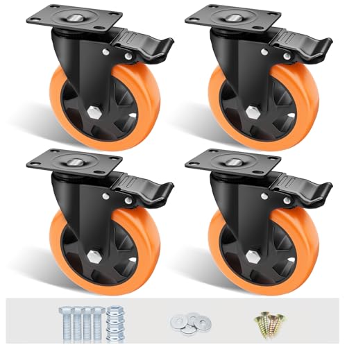 Image of 5 inch Swivel Plate Casters, 1400Lbs Capacity with Brake | Orange, 4-Pack, PU Wheels, Double Ball Bearings, Quiet & Non-Marking, for Workbenches