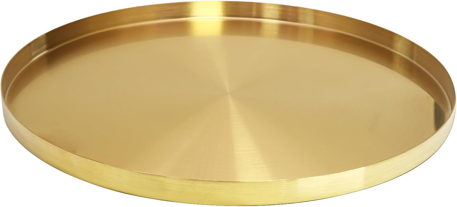 12.6 Inch Stainless Steel Towel Tray, Serving Tray, Decorative Tray, Storage Tray for Cosmetics Jewelry Fruit Candy, Round, Gold 12.6"