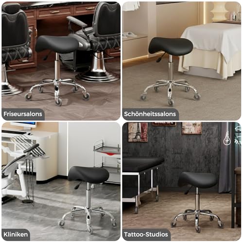 BEWISHOME Sattelhocker Höhenverstellbar, Sattelhocker mit Rollen, 360° Drehhocker Rollhocker, Ergonomischer Hocker, Tragfähigkeit 200 kg für Schönheitssalons, Spas Salon und Kliniken (Schwarz)