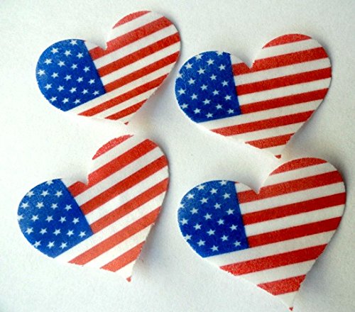 Deco Machine Red White Blue American Flag Patriotic Wafer Paper Hearts 1.75 Inch for Decorating Desserts Cupcakes Pack of 24