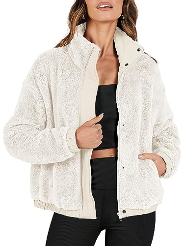 ANRABESS Womens Fleece Jacket Casual Long Sleeve Cropped Sherpa Button Down Fuzzy Warm Coats Fall Outwear With Pockets