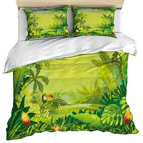 Nature 3 Piece Bedding Set Comforter Cover California King, Jungle with Red Flowers and Large Tropical Plants Foliage Woodland Fern Illustration Duvet/Quilt Cover Set with Zipper for Kids/Teens/Adults
